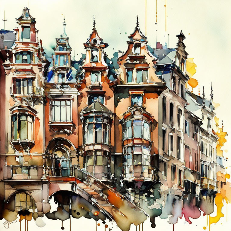 Vibrant Watercolor Painting of European Buildings and Abstract Splashes