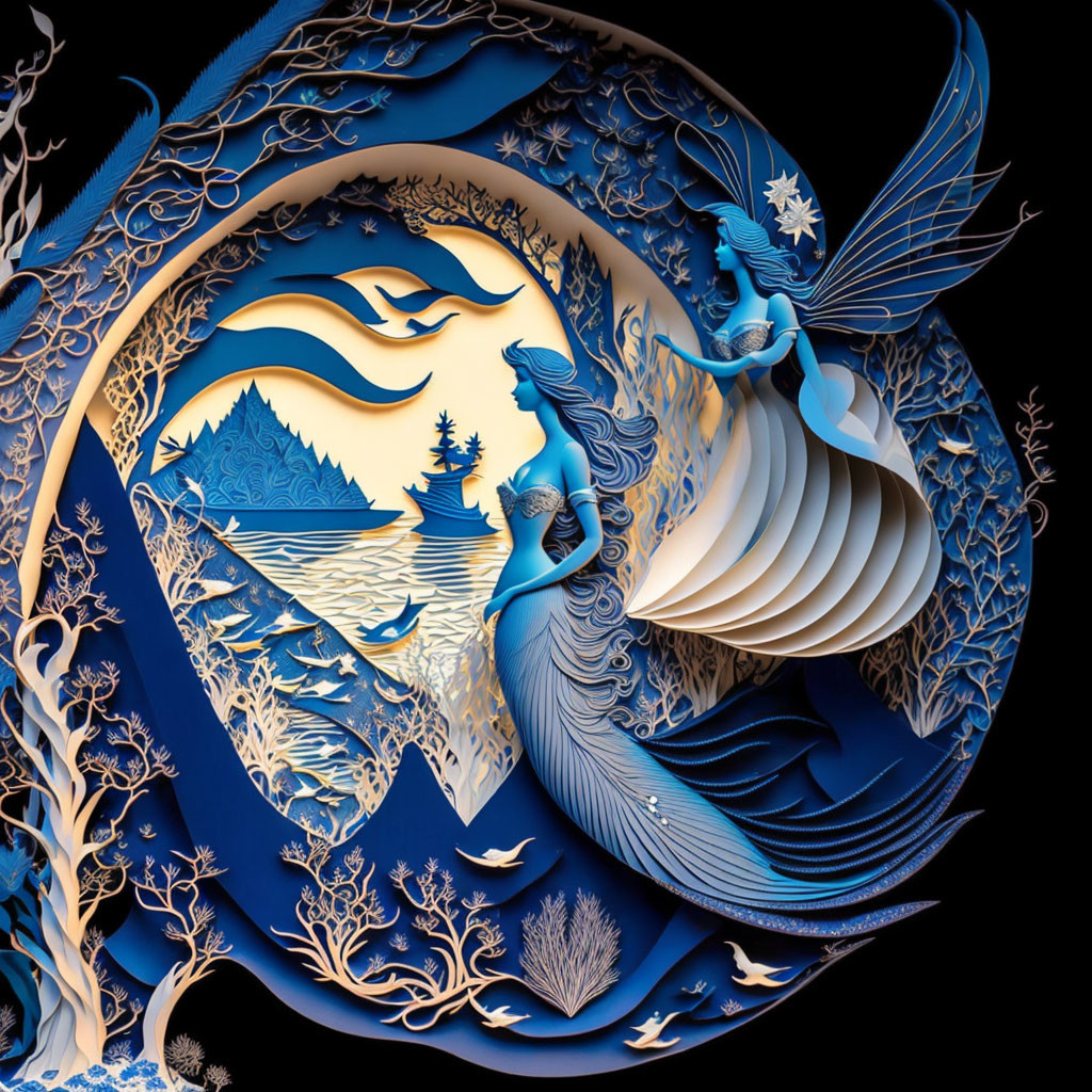 Intricate paper art: Serene nature scene with elegant mermaid, detailed flora.