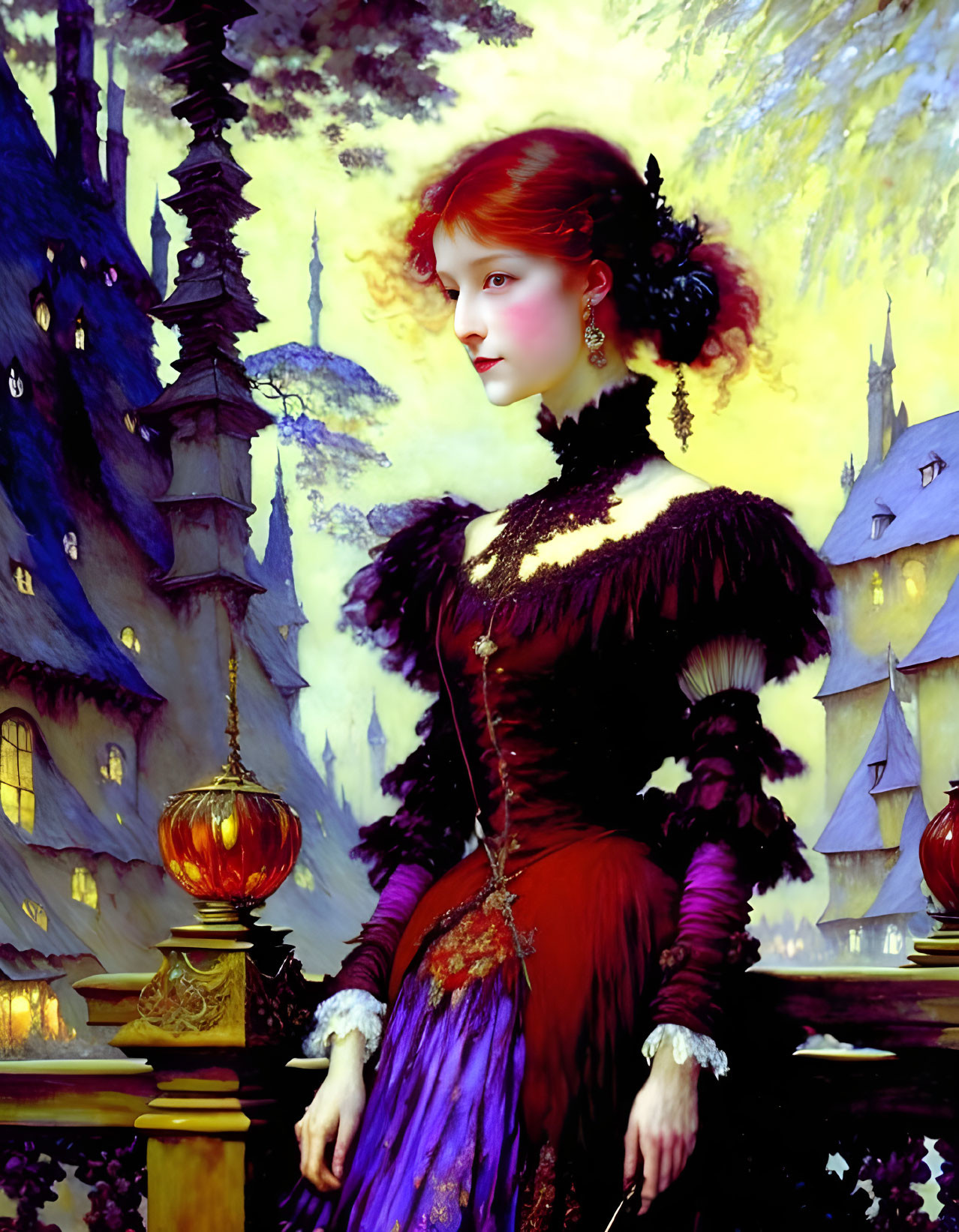 Victorian woman portrait with red hair in fantastical setting