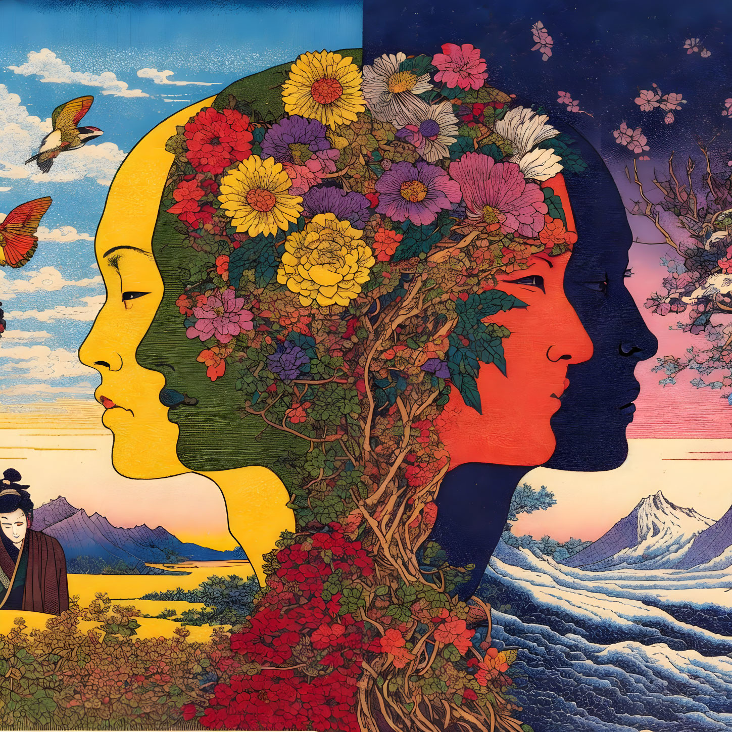 Illustration of two profiles with floral brains in sunset and starry night landscape