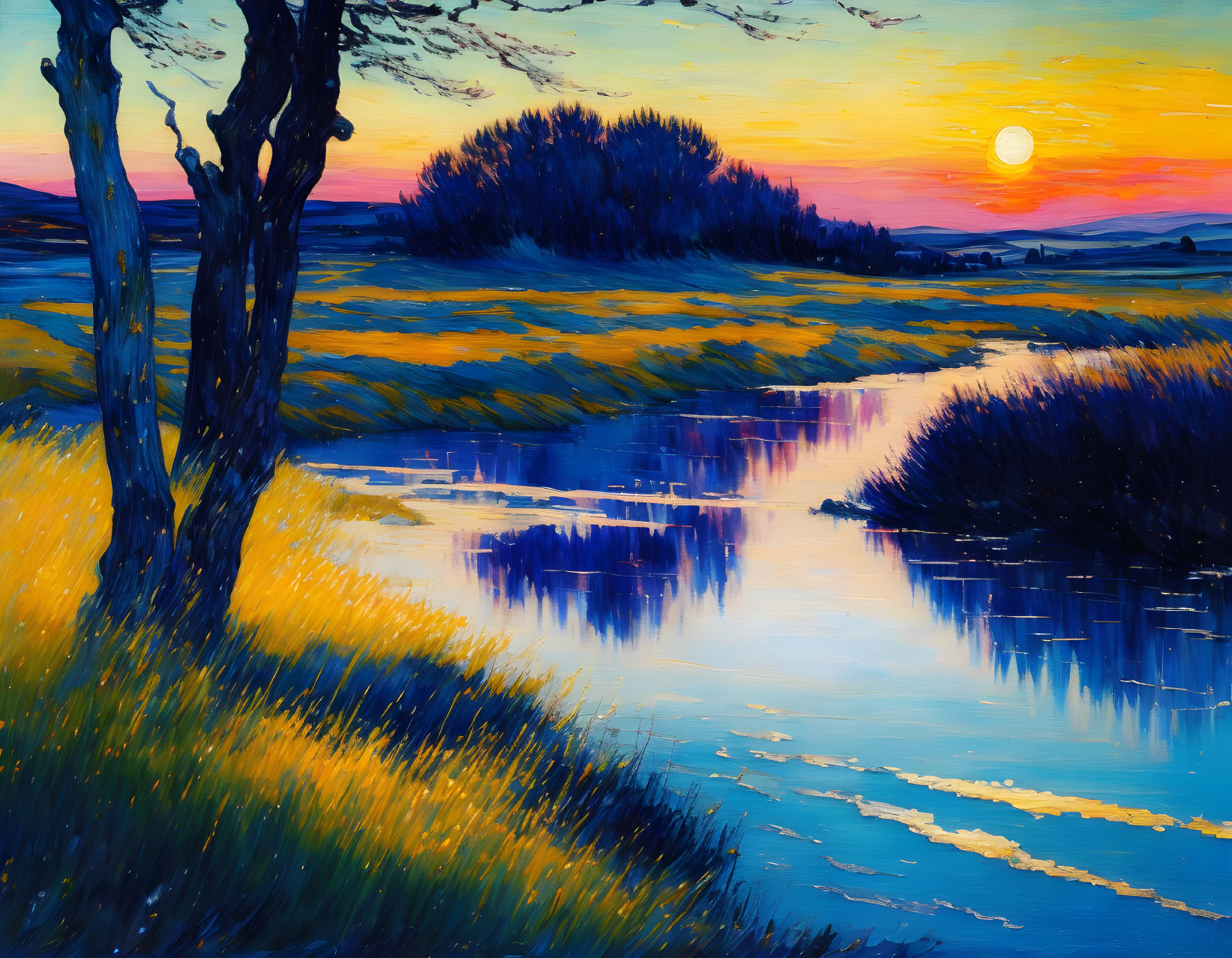 Colorful Sunset Painting with River and Silhouetted Trees