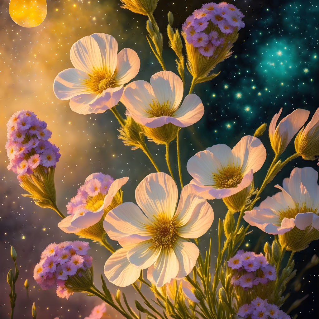 Cosmic starry background with white and pink flowers