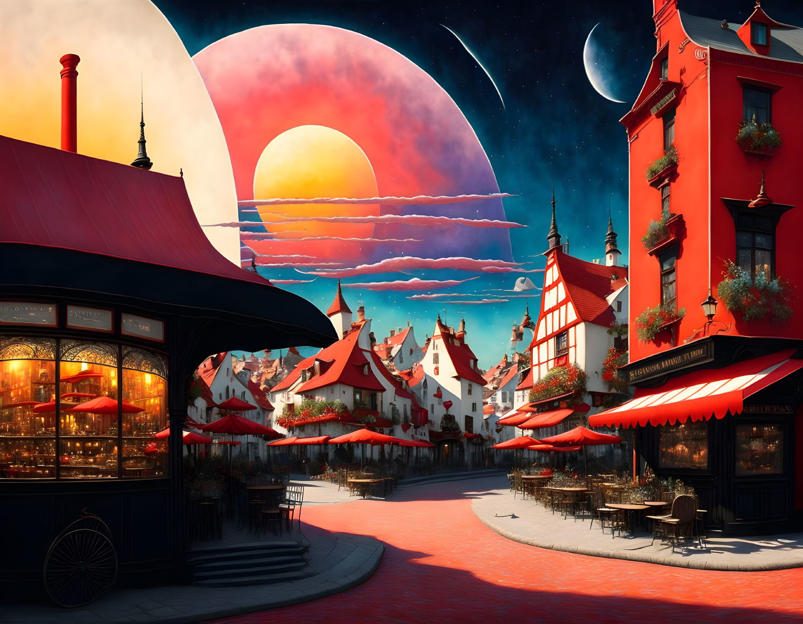 Colorful sunset street scene with oversized celestial bodies and cozy café corner