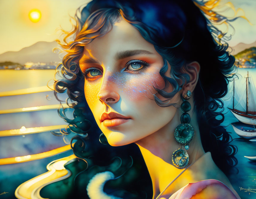 Digital art portrait of woman with curly hair and blue freckles against harbor sunset.