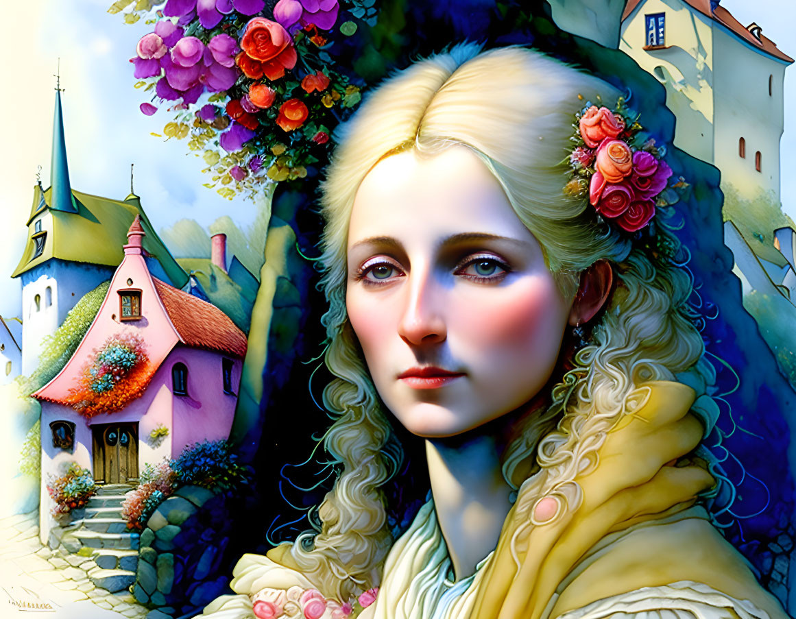 Blonde Woman with Blue Eyes and Roses in Hair in Front of Fantasy Cottage and Castle Under Blue Sky