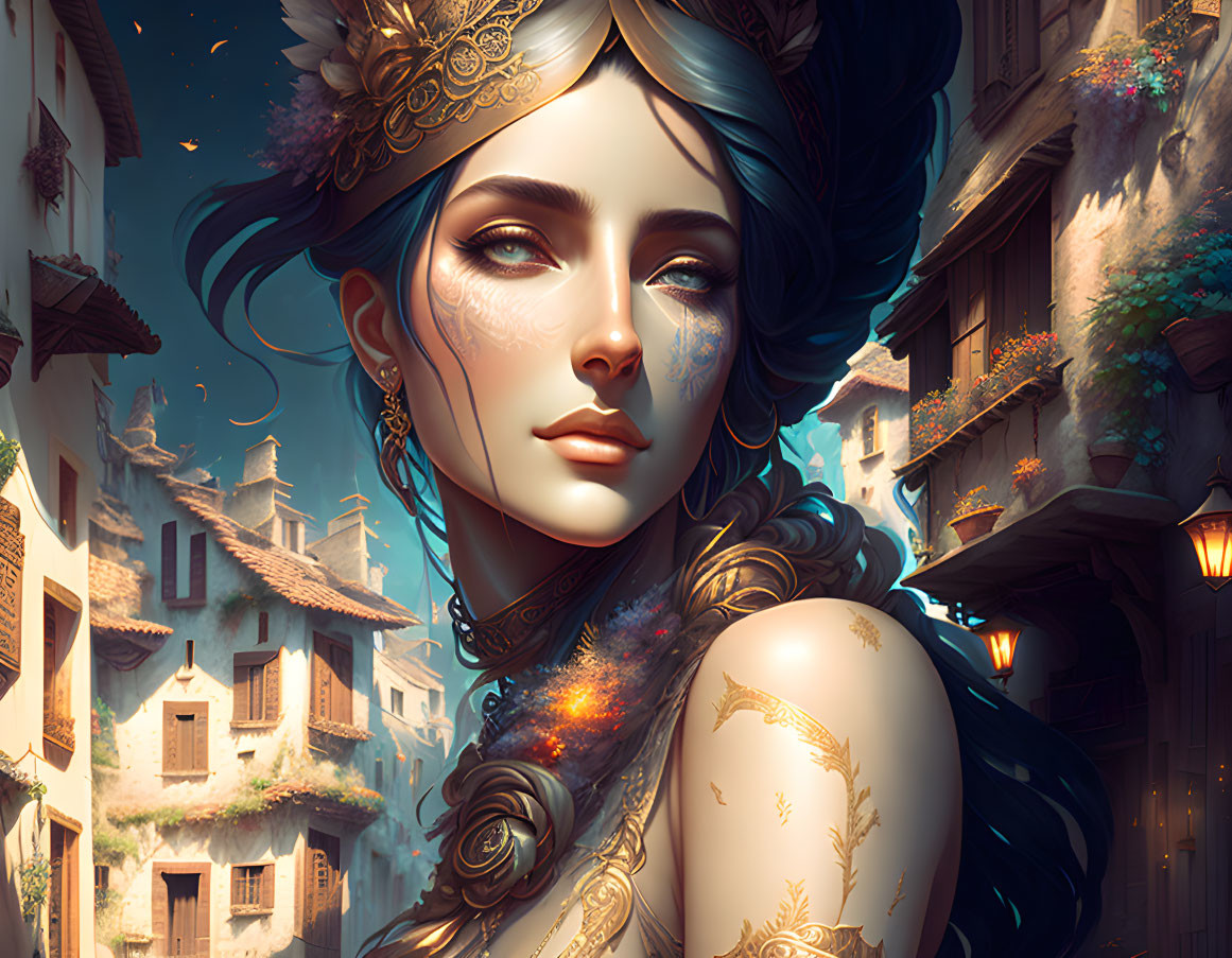 Fantasy woman with intricate tattoos and regal headpiece in whimsical town setting