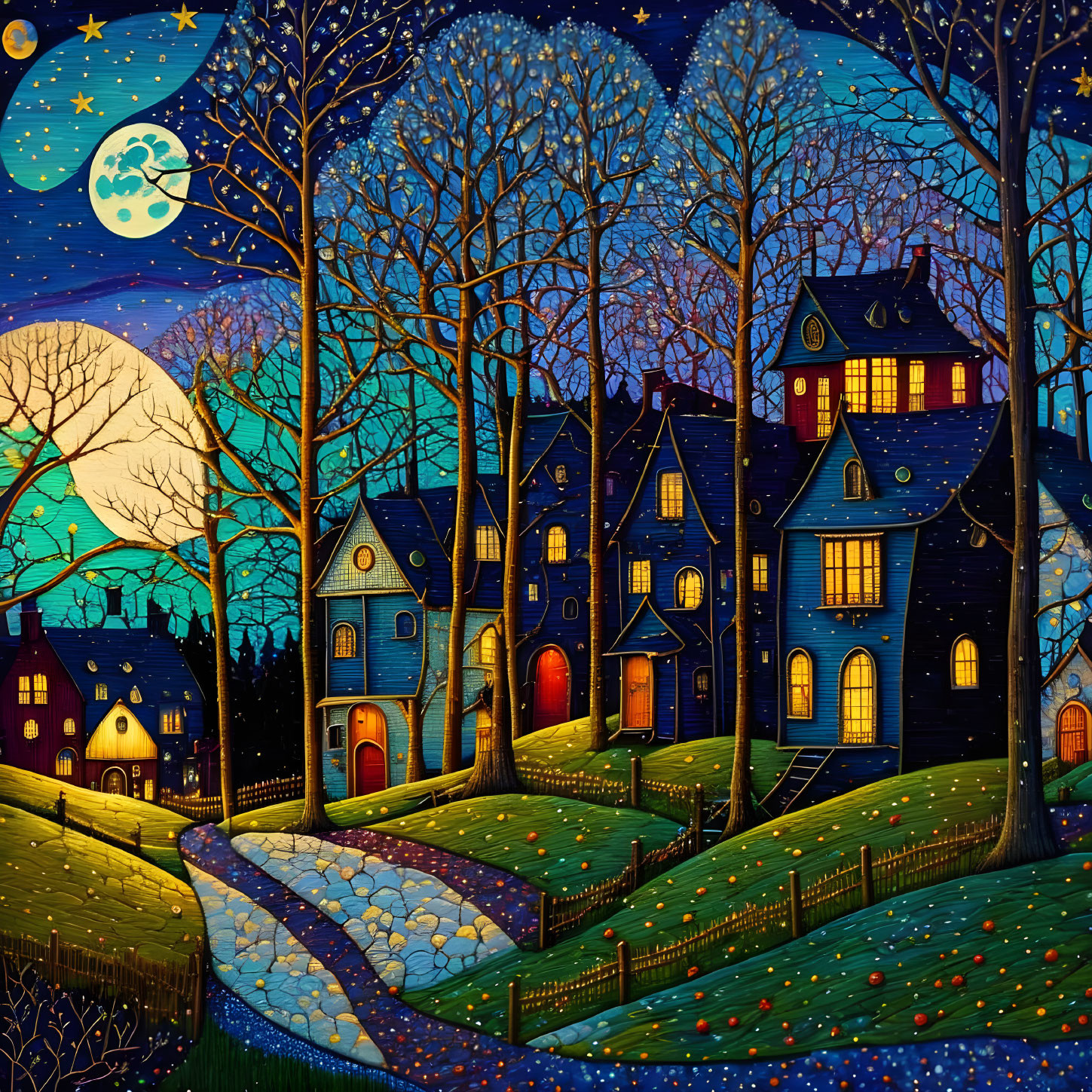 Vibrant starry night illustration of a quaint village and glowing moon