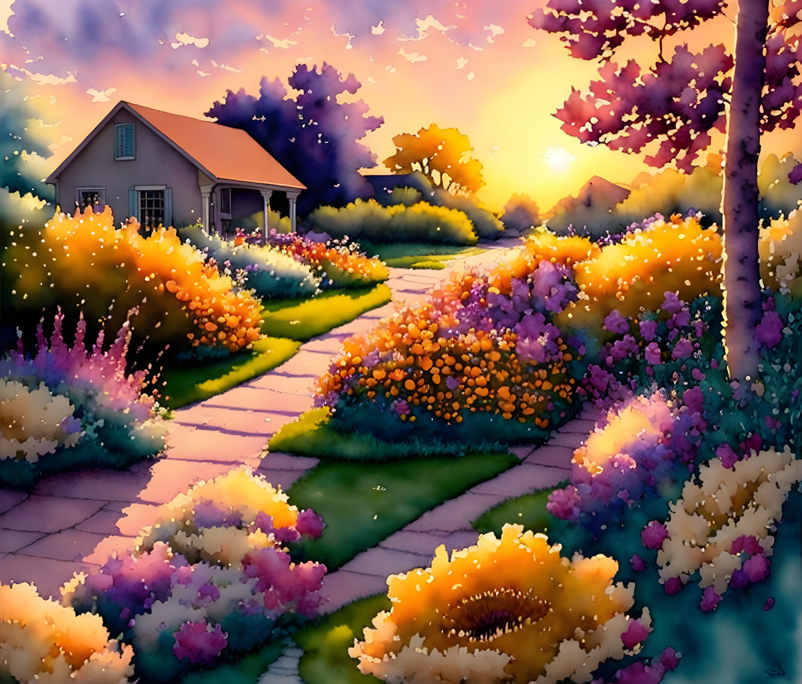 Colorful sunset scene with house, flowers, and trees