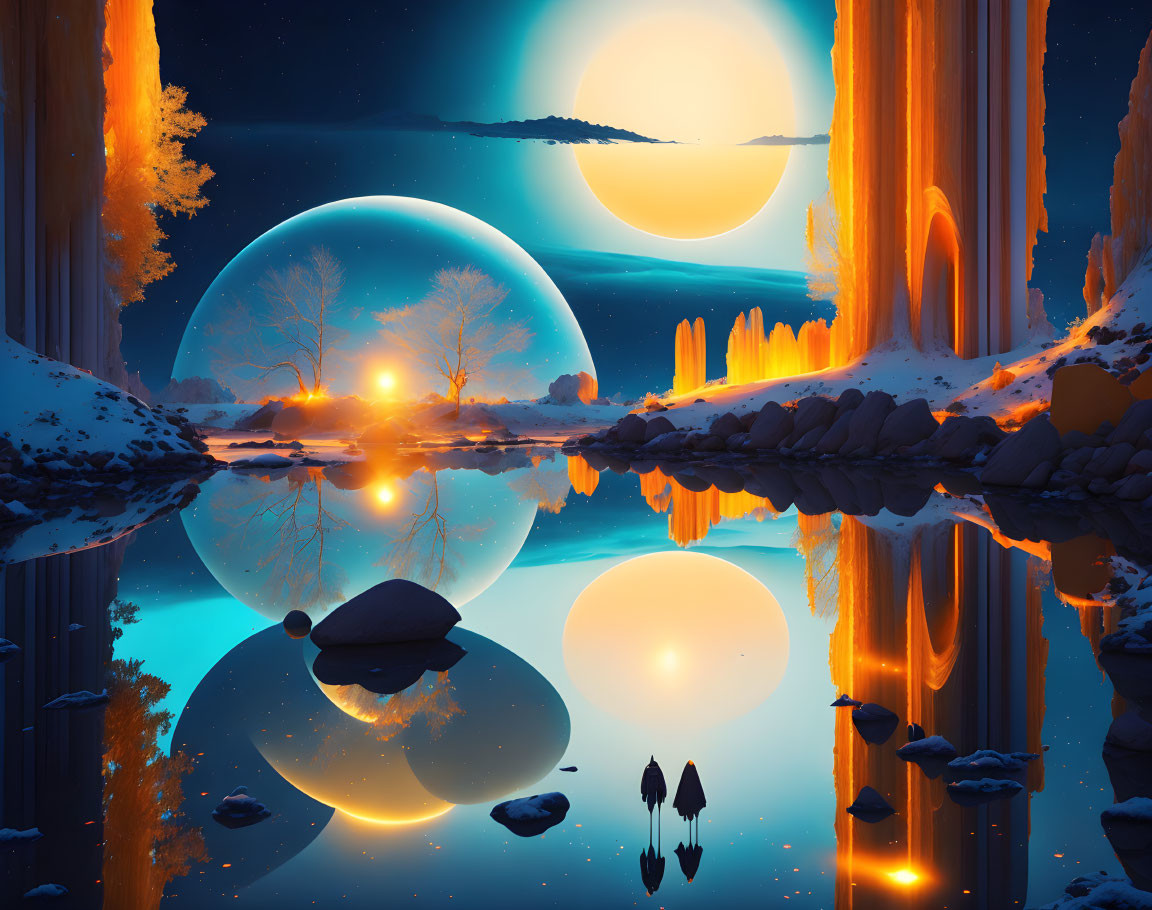 Surreal landscape with bright moons, water reflections, orange cliffs, and silhouetted figures