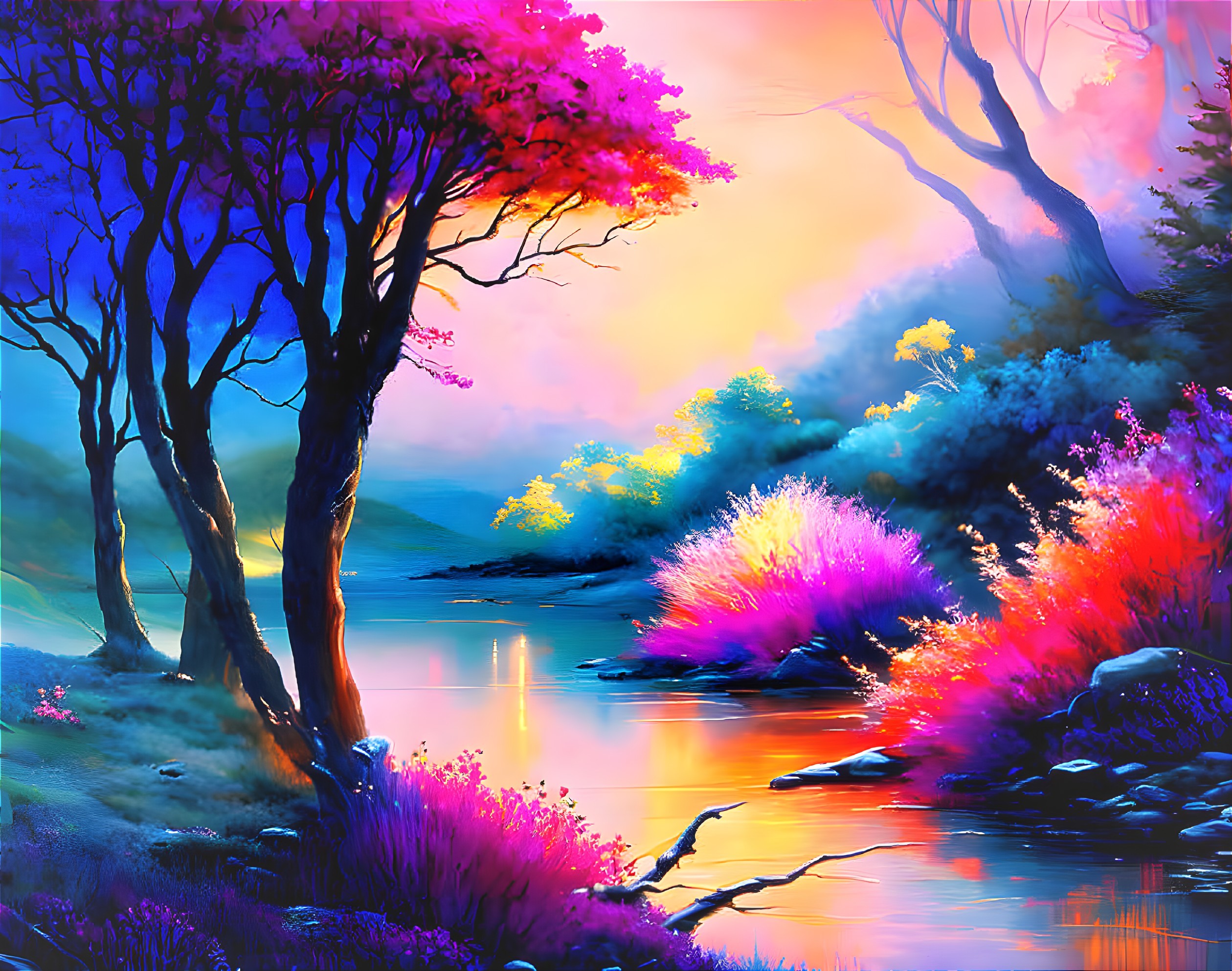 Fantasy landscape digital painting with pink and purple foliage