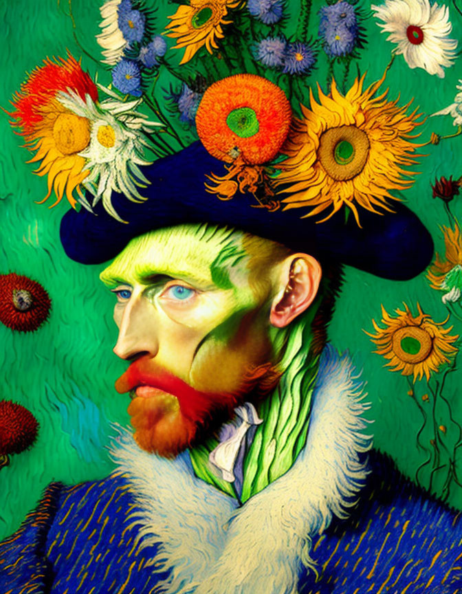 Vibrant post-impressionistic man with floral elements and sunflower hat