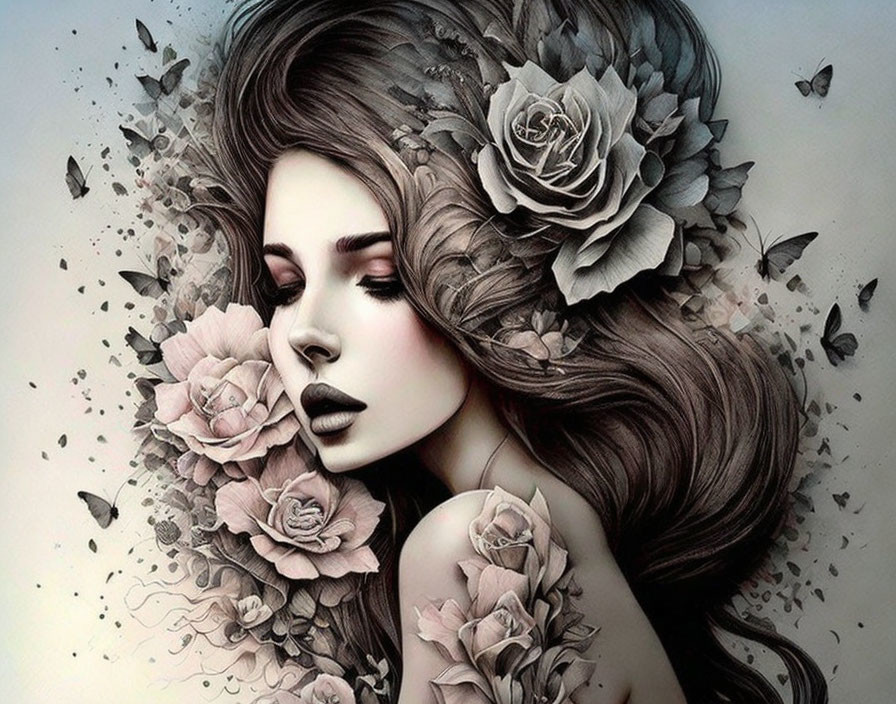 Woman with Roses and Butterflies in Voluminous Hair in Monochrome Palette