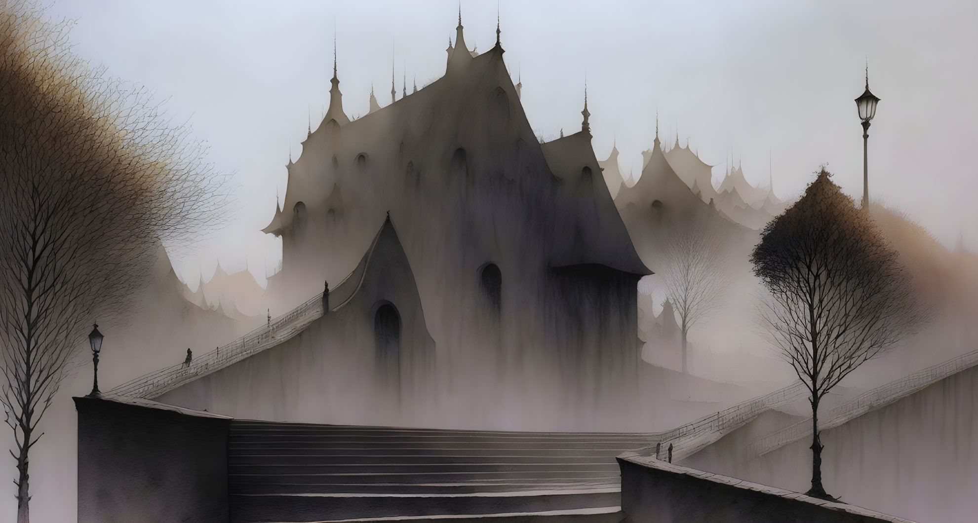 Misty Gothic castle with bare trees and street lamps.