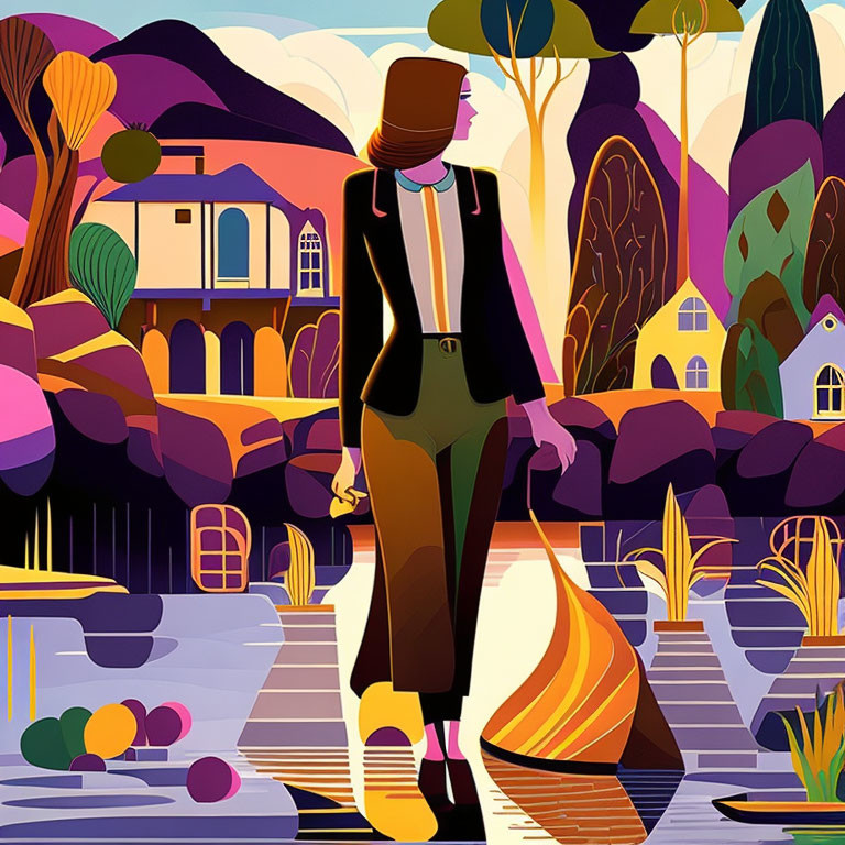 Colorful geometric landscape with walking woman