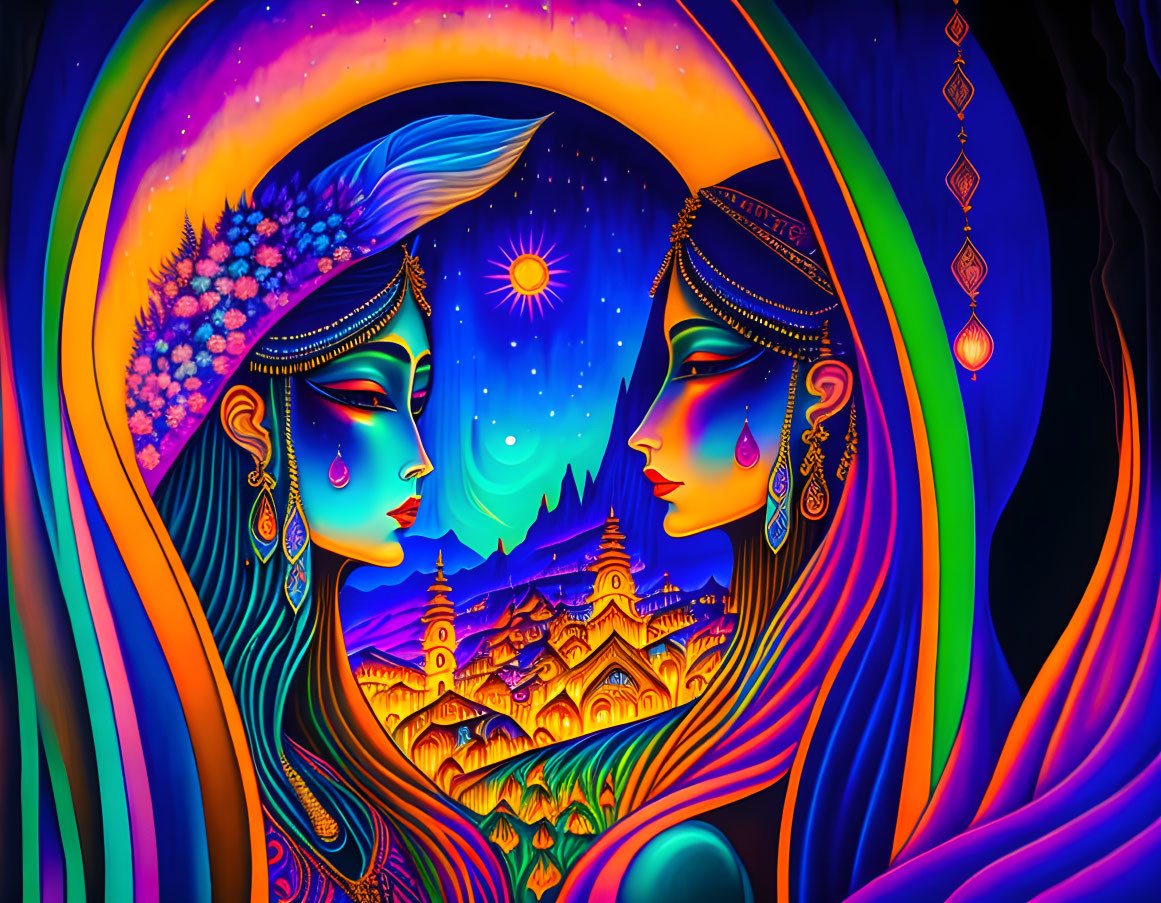 Psychedelic artwork: Stylized female profiles with cosmic and architectural elements