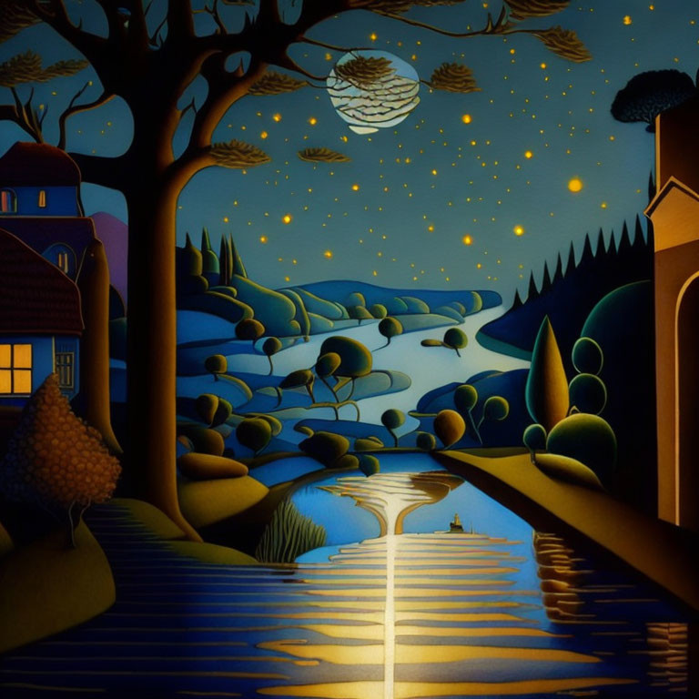 Nighttime landscape with river, trees, hills, house, stars, and crescent moon.