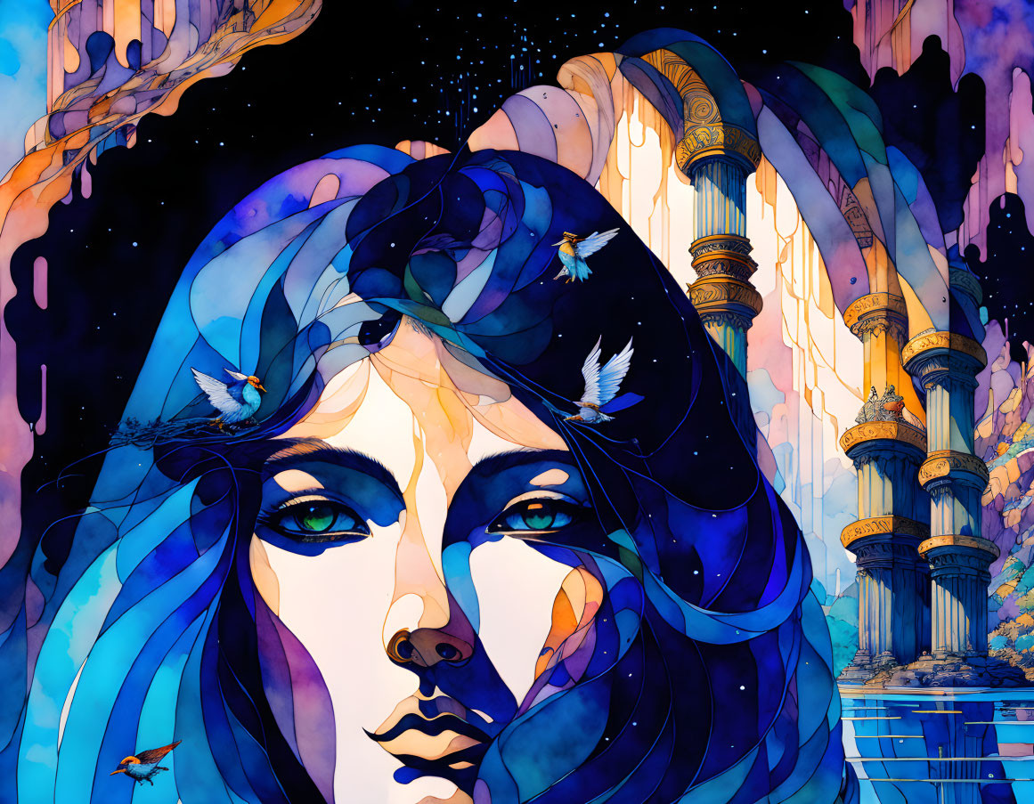 Colorful portrait of a woman with blue hair surrounded by birds and columns on a starlit background