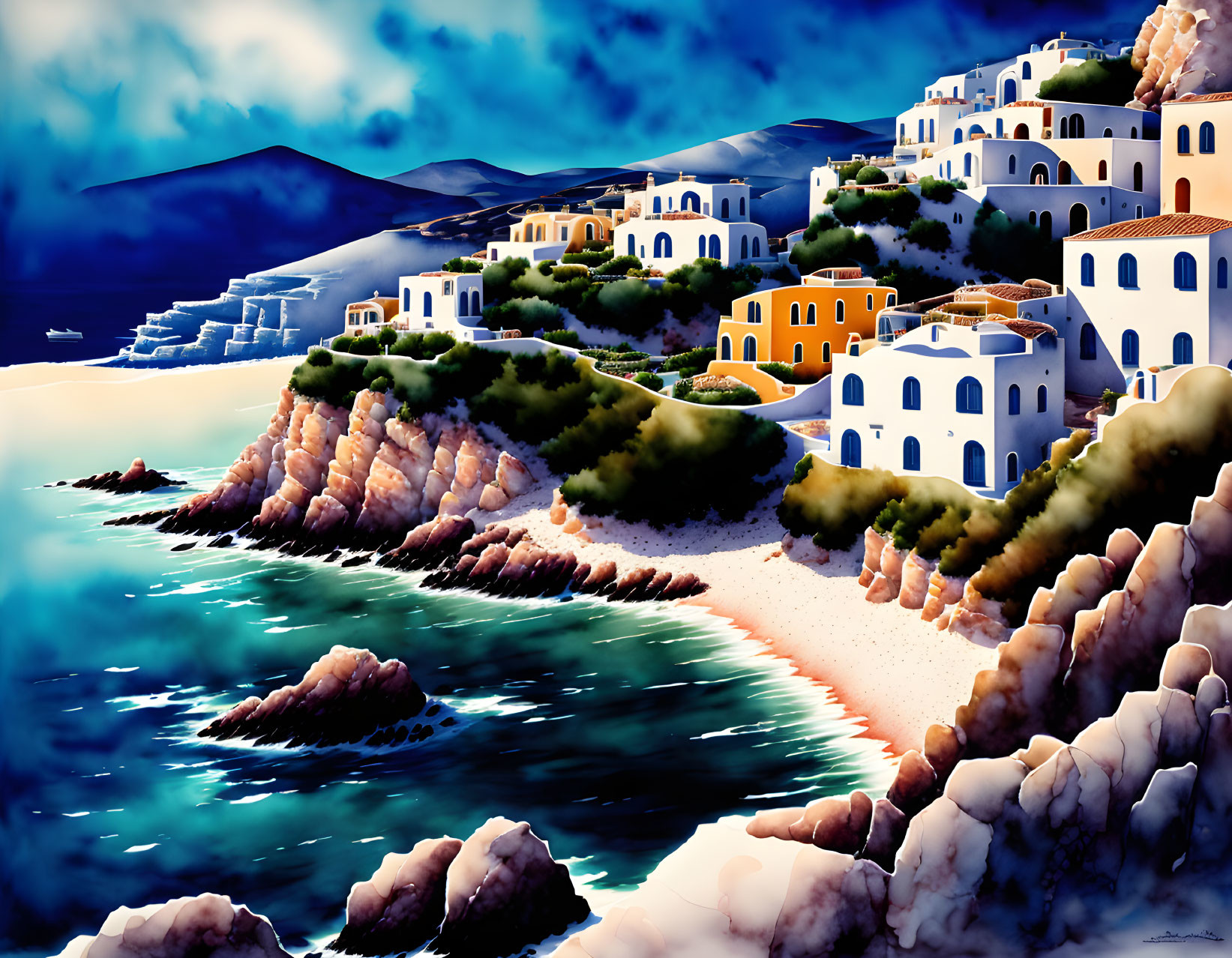 Scenic coastal view: white houses, blue roofs, hills, serene beach