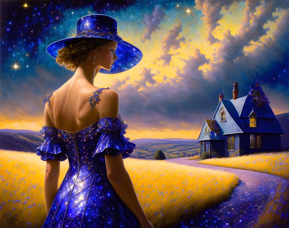 Woman in elegant blue dress and hat in surreal landscape with night sky and golden fields