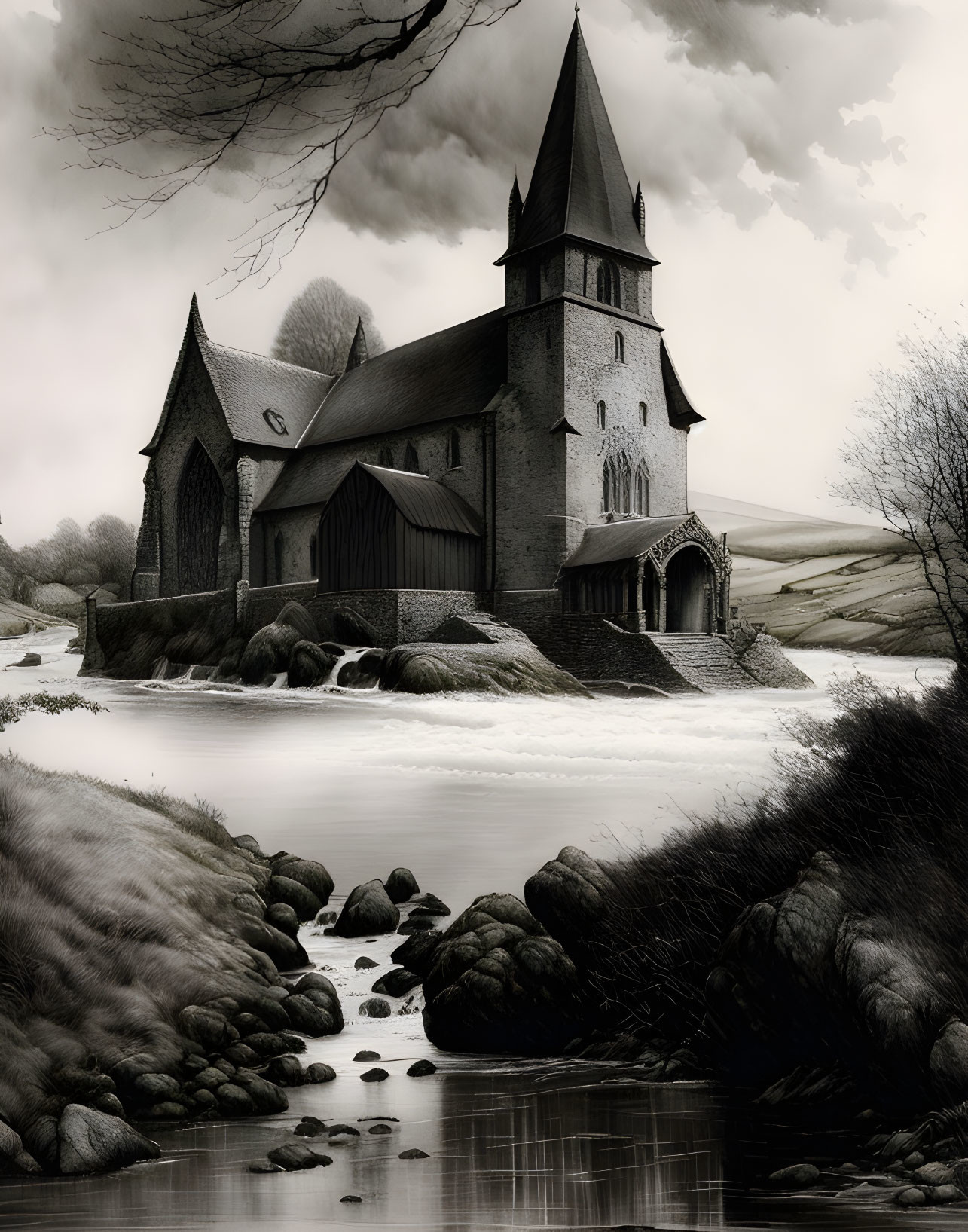 Monochrome medieval church by river with rocks in serene landscape