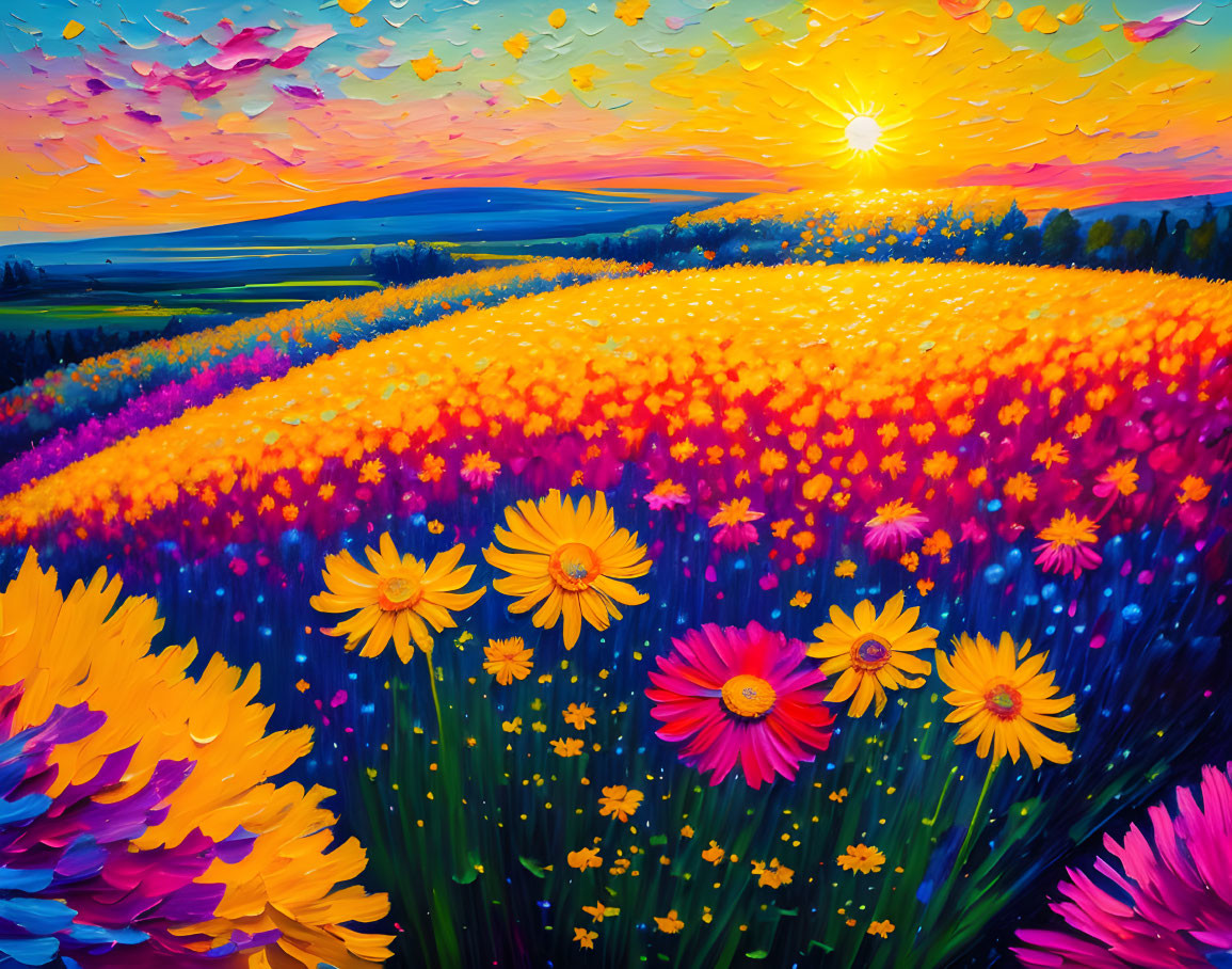 Colorful painting of blooming flower field at sunset