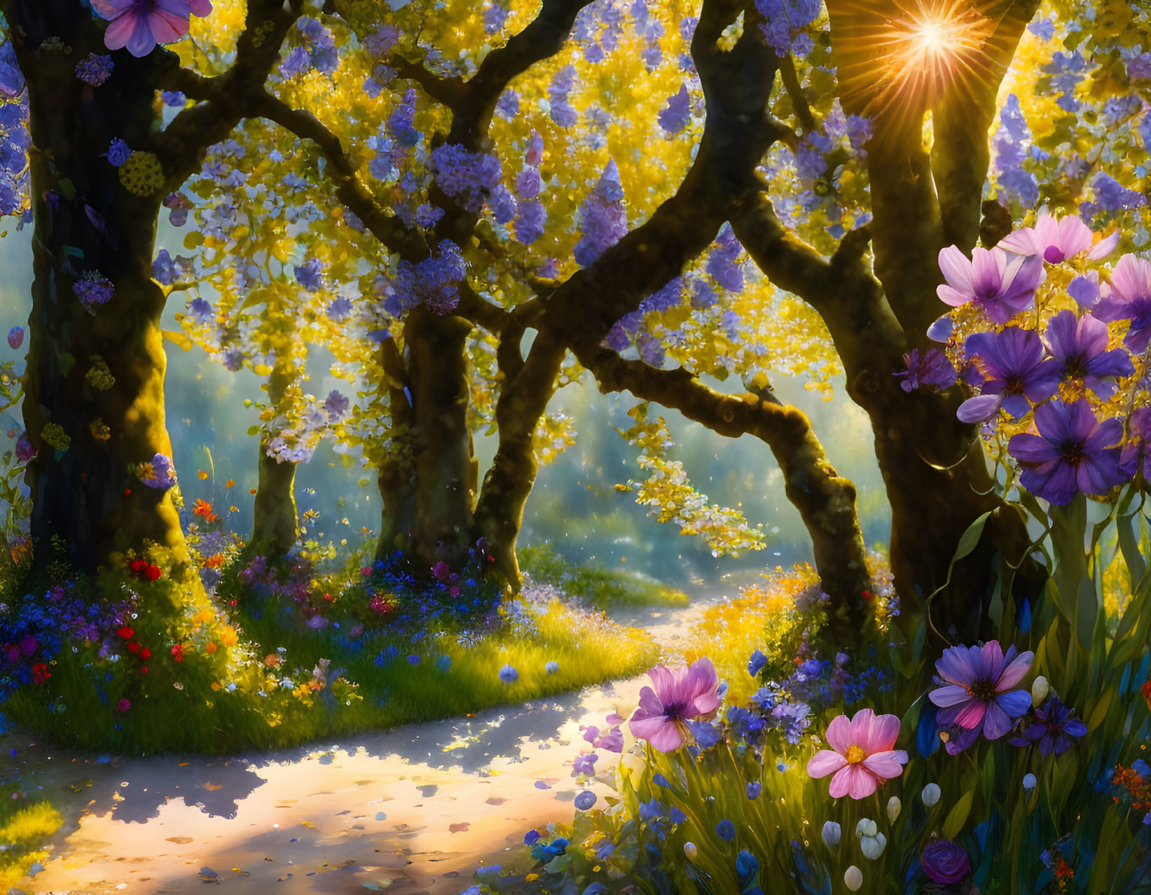 Scenic forest path with sunbeams, twisted trees, purple and yellow blossoms, golden mist