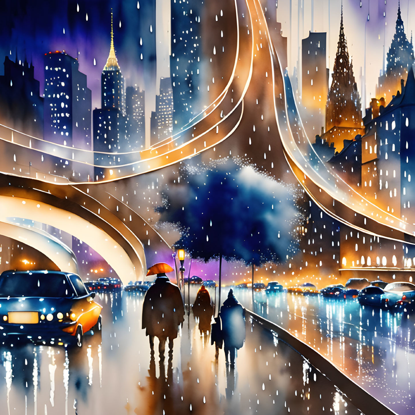 Vibrant city street scene with people, umbrellas, and cars on rainy night