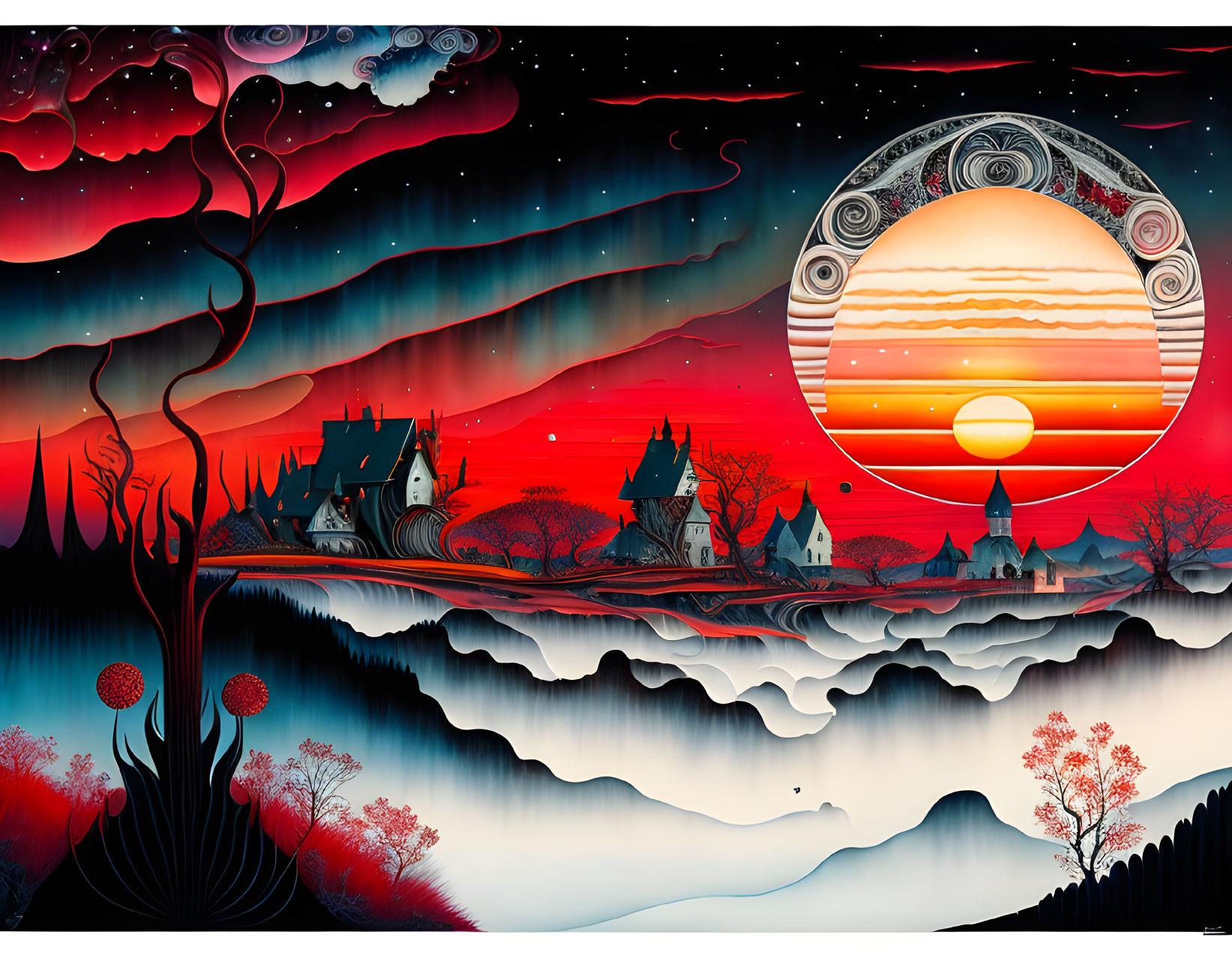 Surreal landscape with large moon, red skies, stylized trees, whimsical houses, and