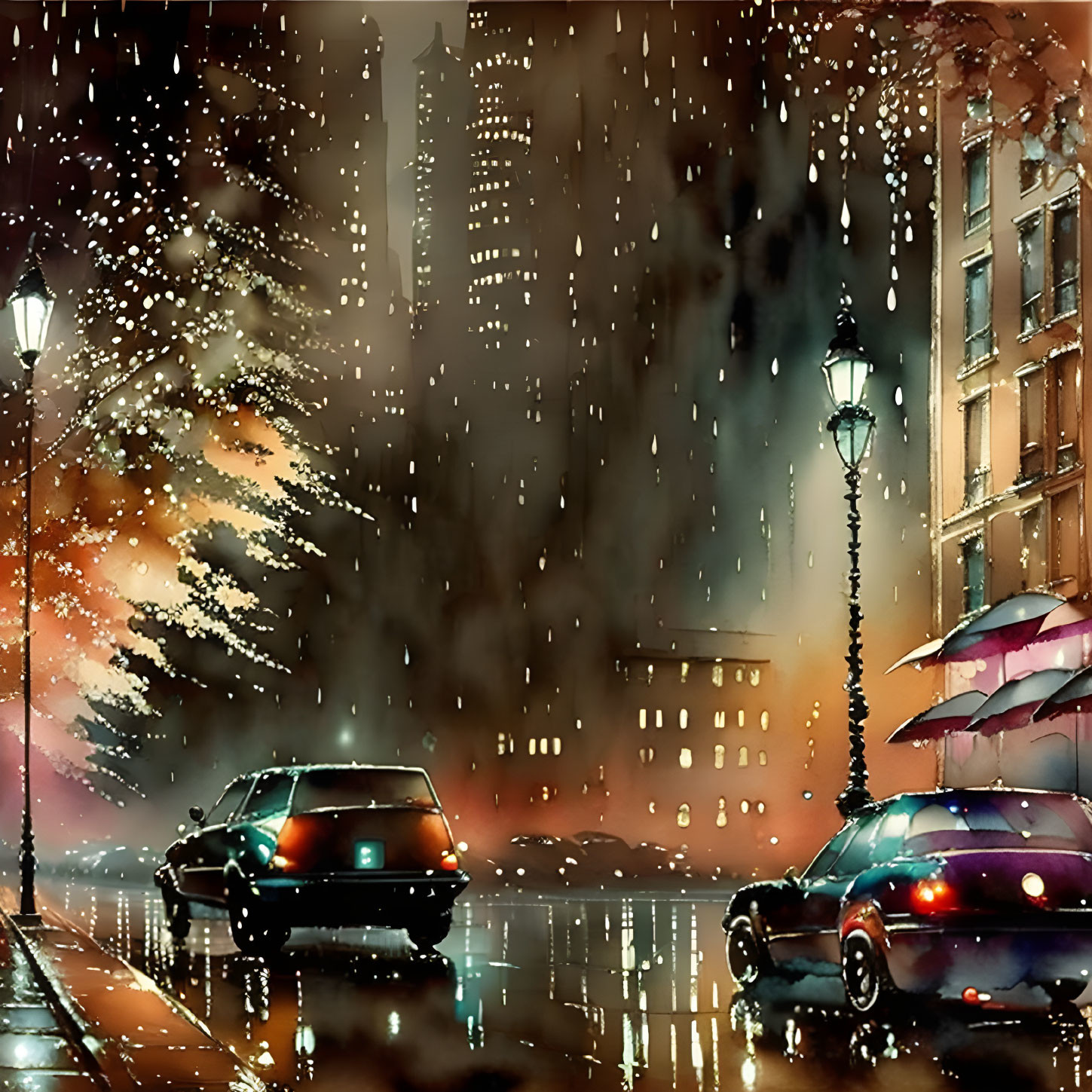 Rainy Night Cityscape with Glowing Streetlights and Colorful Umbrella