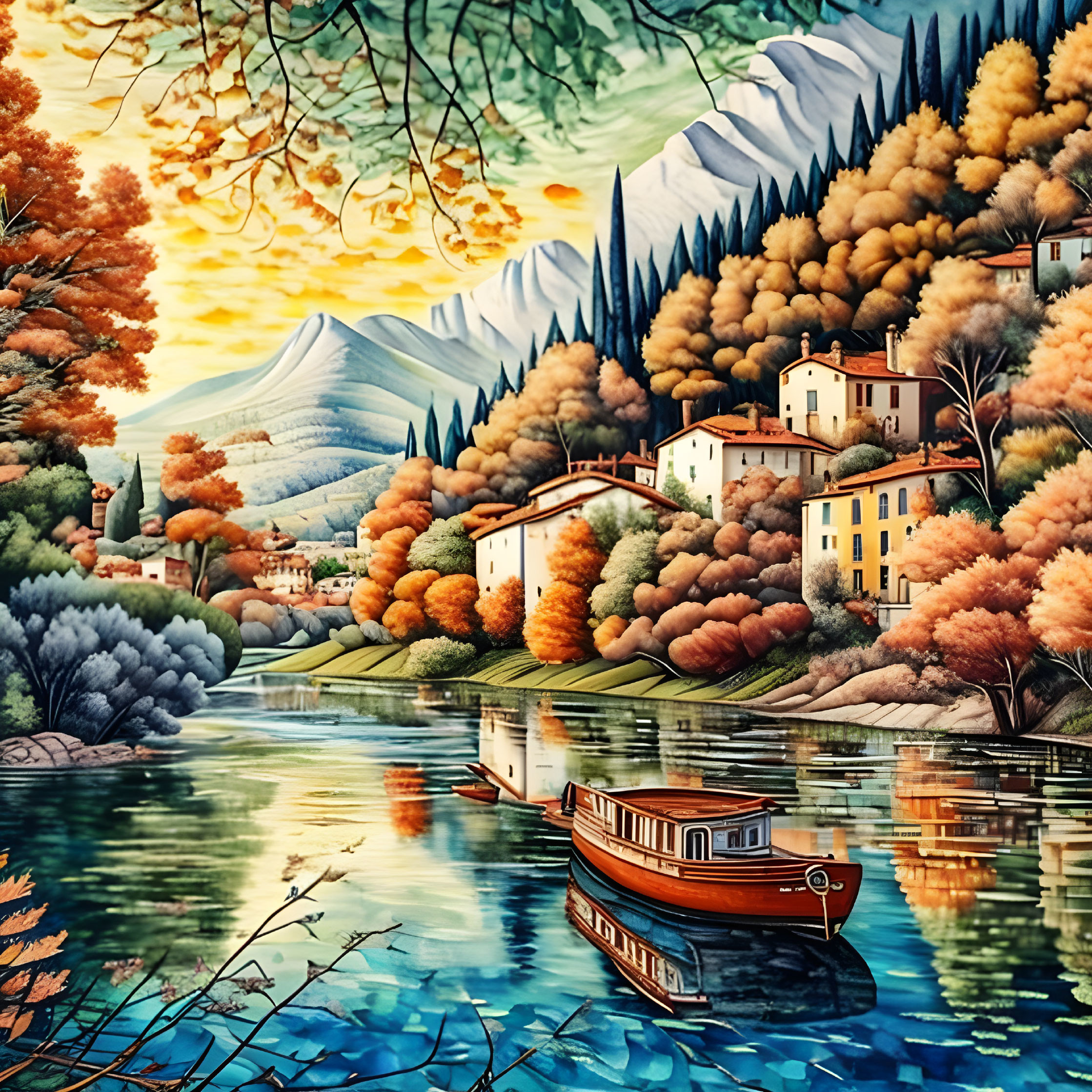 Colorful Autumn Landscape with Lake, Boat, and Mountains