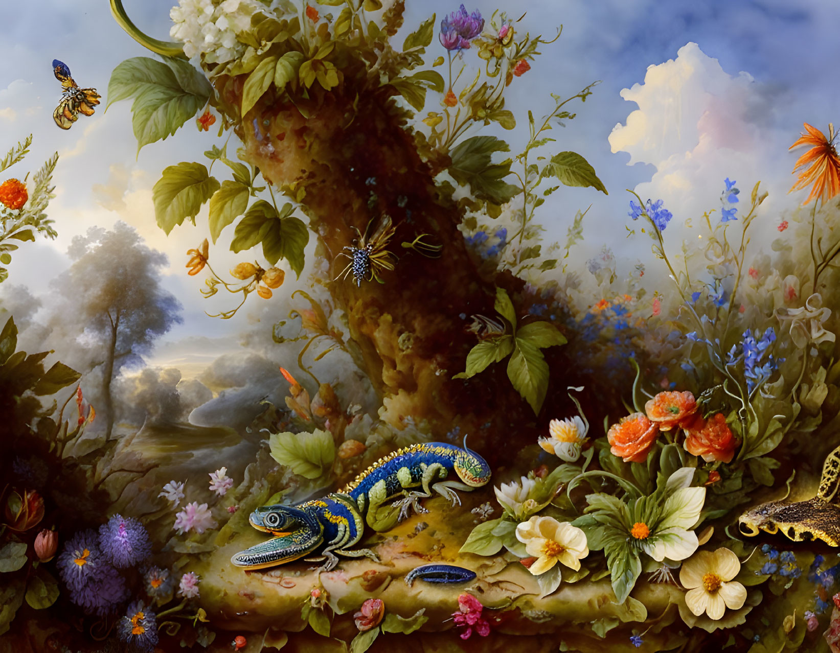 Colorful Salamander in Lush Flower Garden with Insects and Cloudy Sky