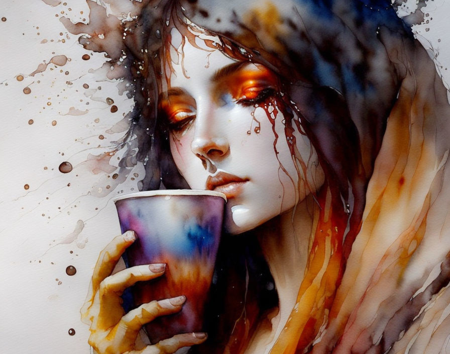 Vibrant-eyed woman holding a cup in watercolor portrait