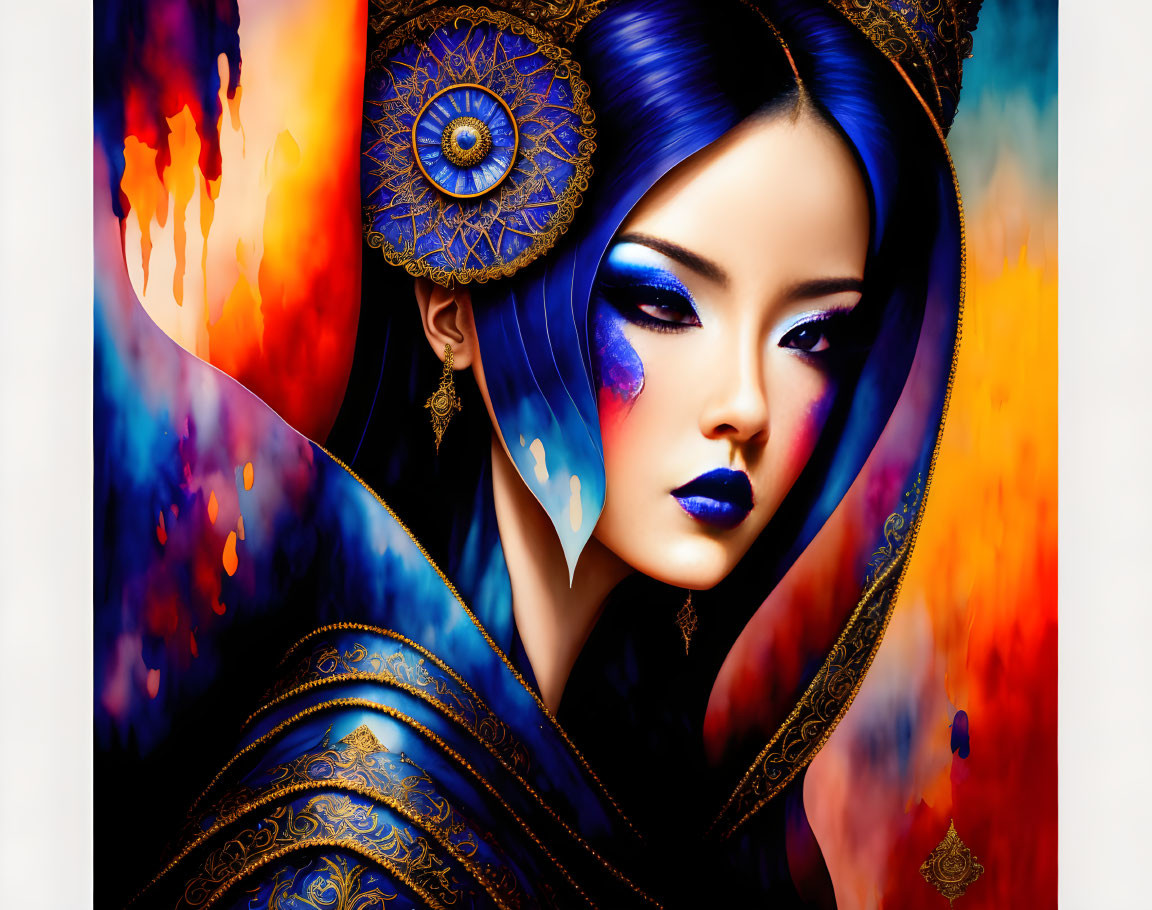 Colorful portrait of a woman in blue hair and makeup with golden attire on fiery background