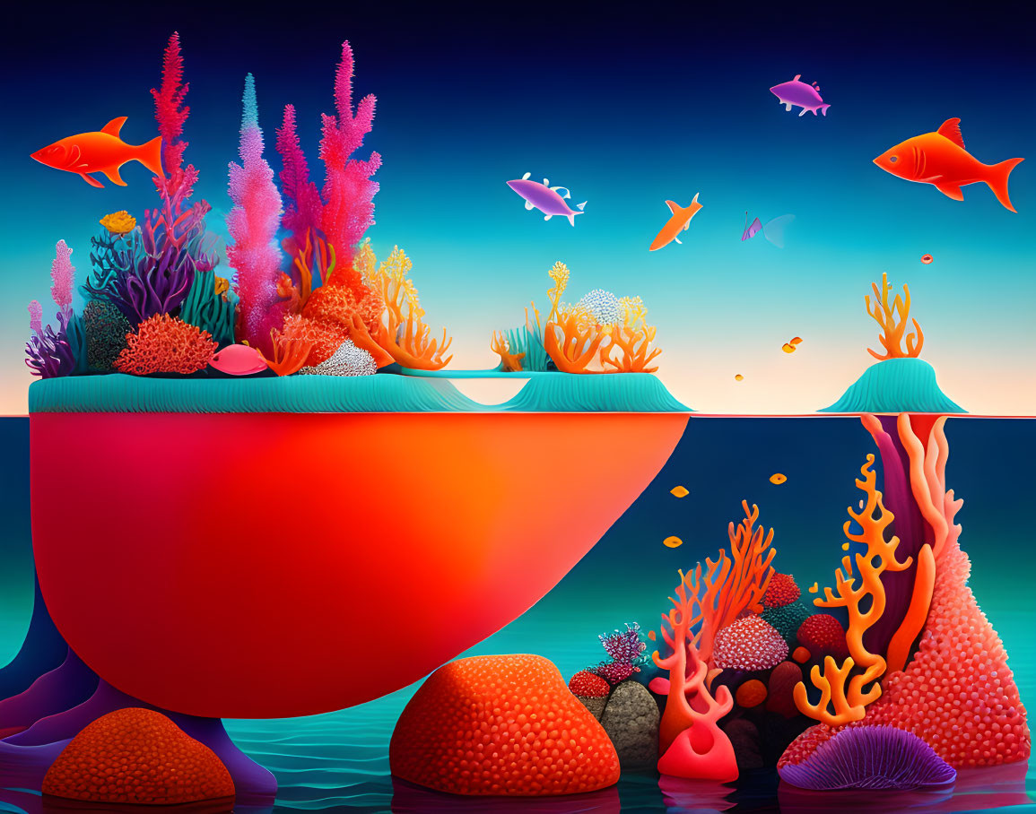 Colorful Coral Ecosystems in Fish Bowl Illustration