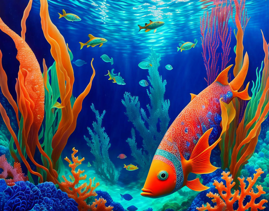 Colorful underwater scene with orange fish, corals, and light rays