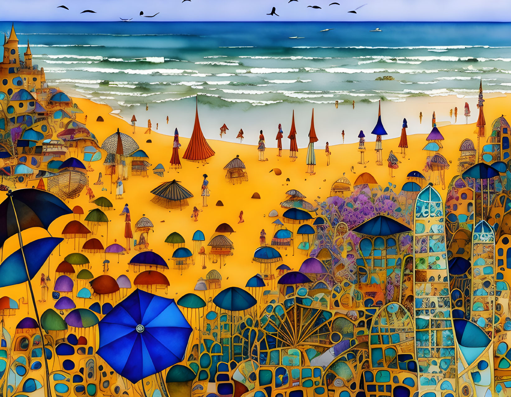 Colorful beach scene with umbrellas, sunbathers, and intricate architecture.