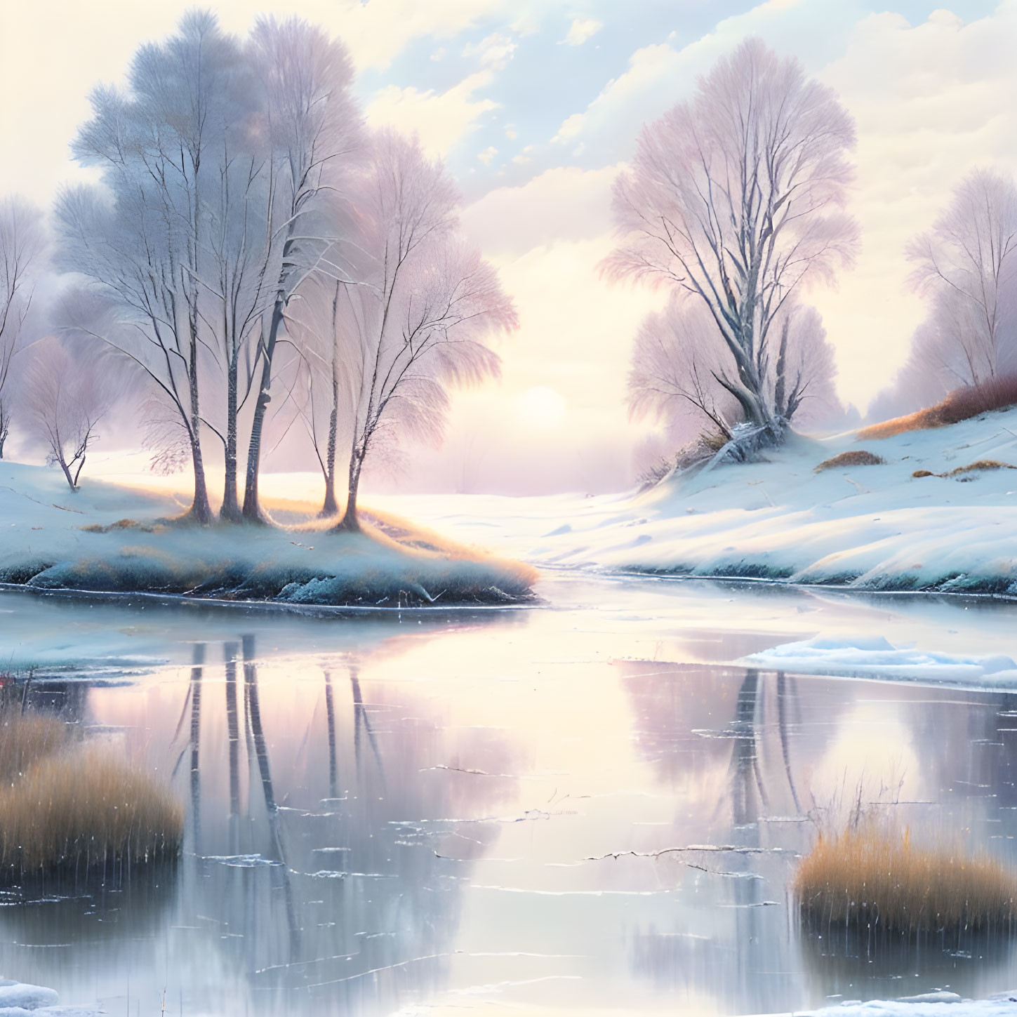 Frozen River Surrounded by Snowy Banks and Leafless Trees in Tranquil Winter Scene