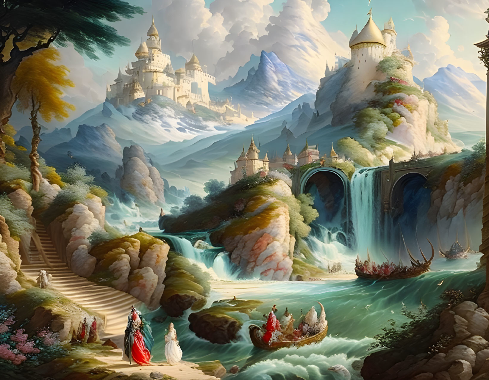 Intricate castle in snowy mountains with waterfall, boats, and period clothing people.