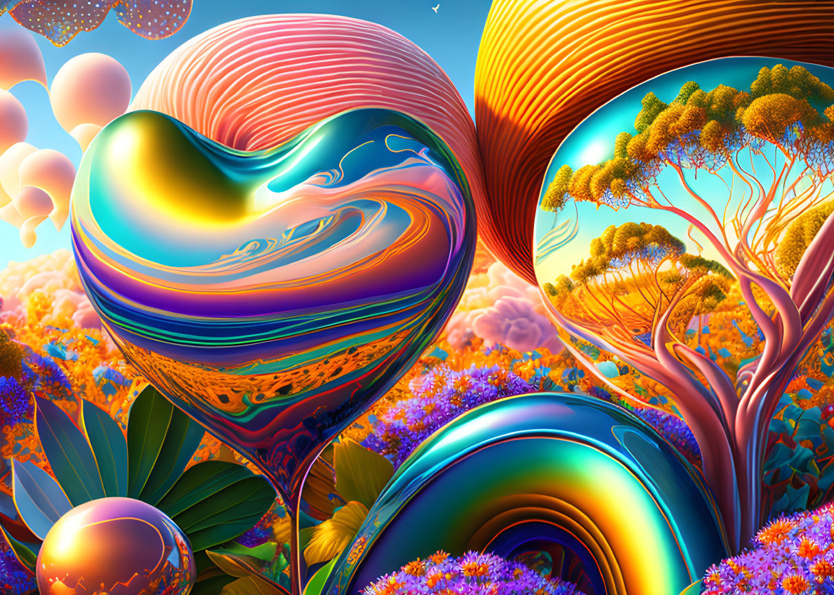 Colorful surreal landscape with heart-shaped iridescent objects and whimsical trees