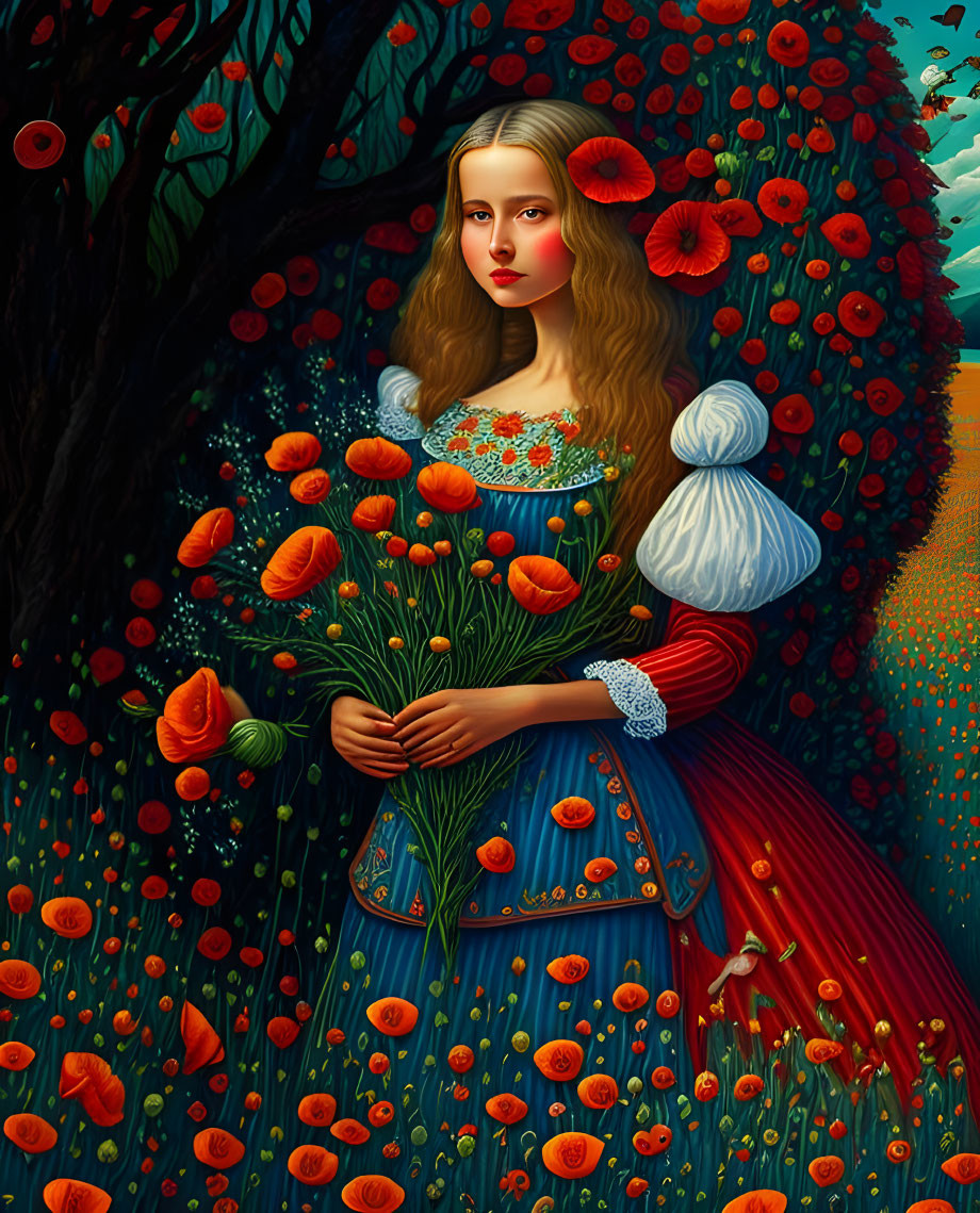 Traditional dress woman with orange flowers in poppy field at twilight