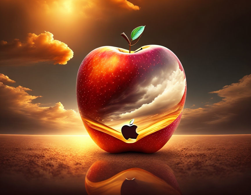 Surreal apple with sprout and sunset landscape cutout on glossy surface