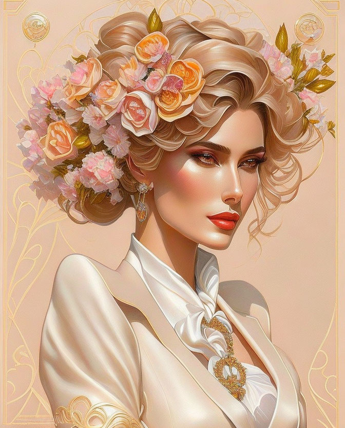 Woman with Floral Headpiece and Elegant Attire: A Stylish Illustration