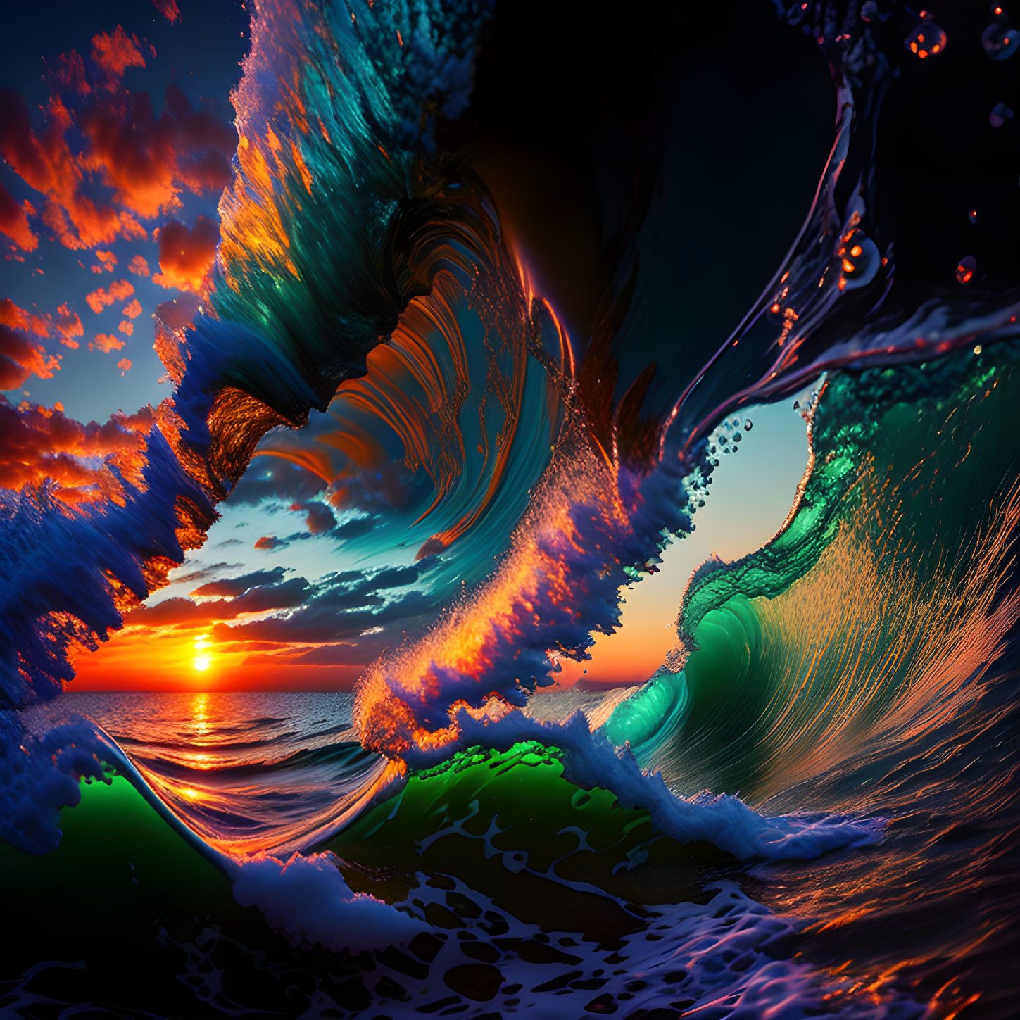 Colorful Abstract Ocean Wave Against Sunset Sky Artwork