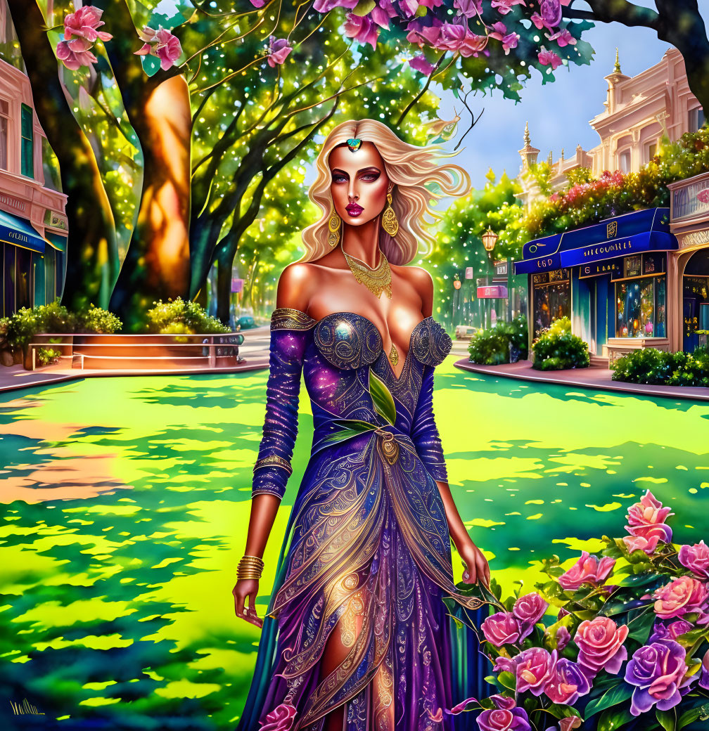 Golden-haired woman in ornate purple gown in vibrant park with pink blossoms and classic buildings