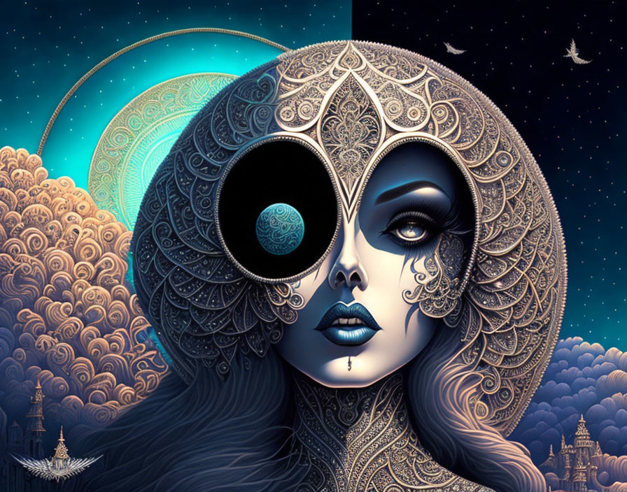 Artistic image of woman with crescent moon headgear in nocturnal celestial scene