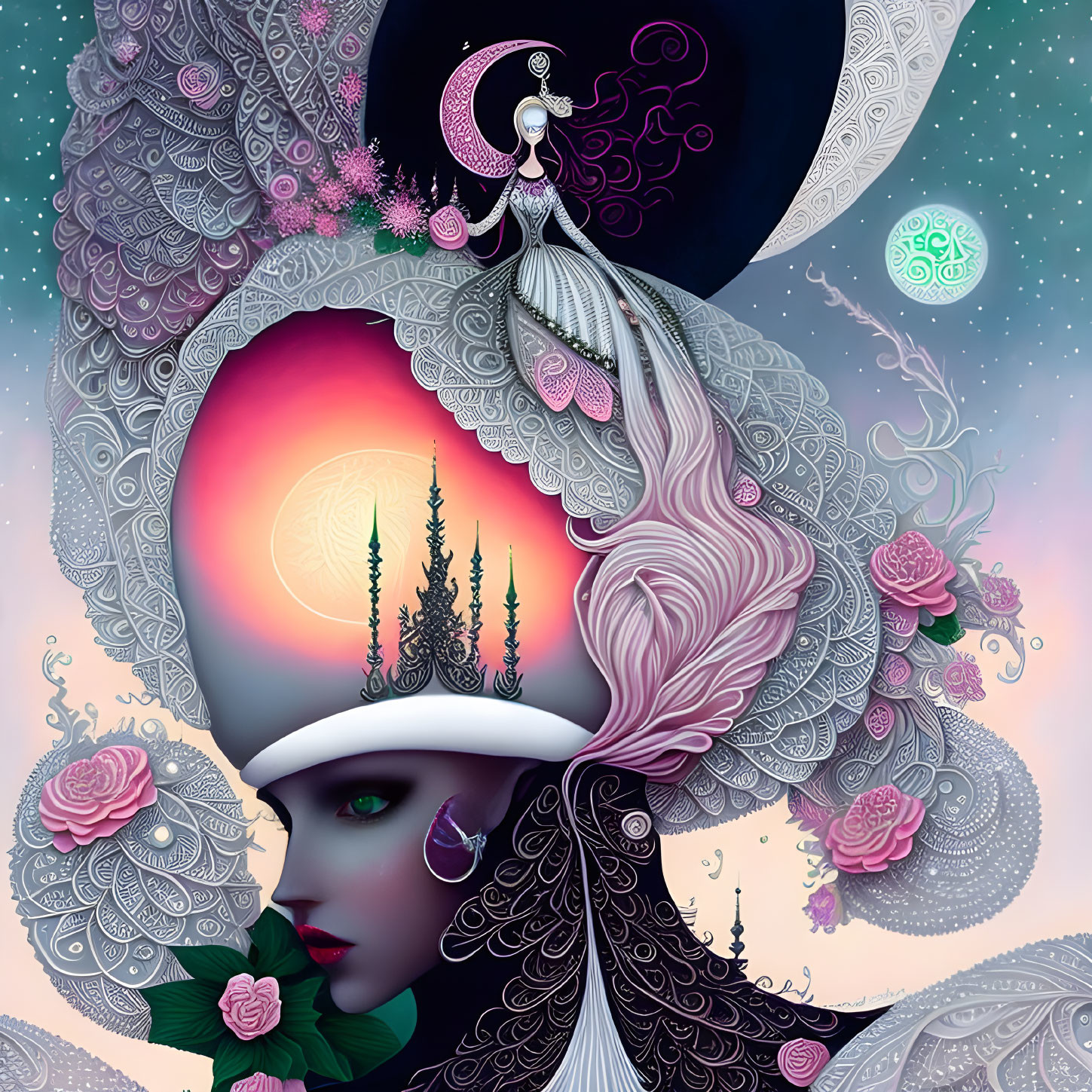 Stylized woman's profile with surreal headpiece against cosmic backdrop