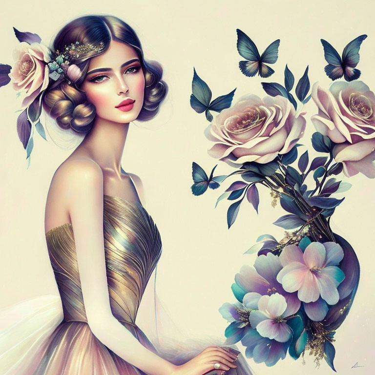 Vintage-inspired illustration of elegant woman with flowers and butterflies.