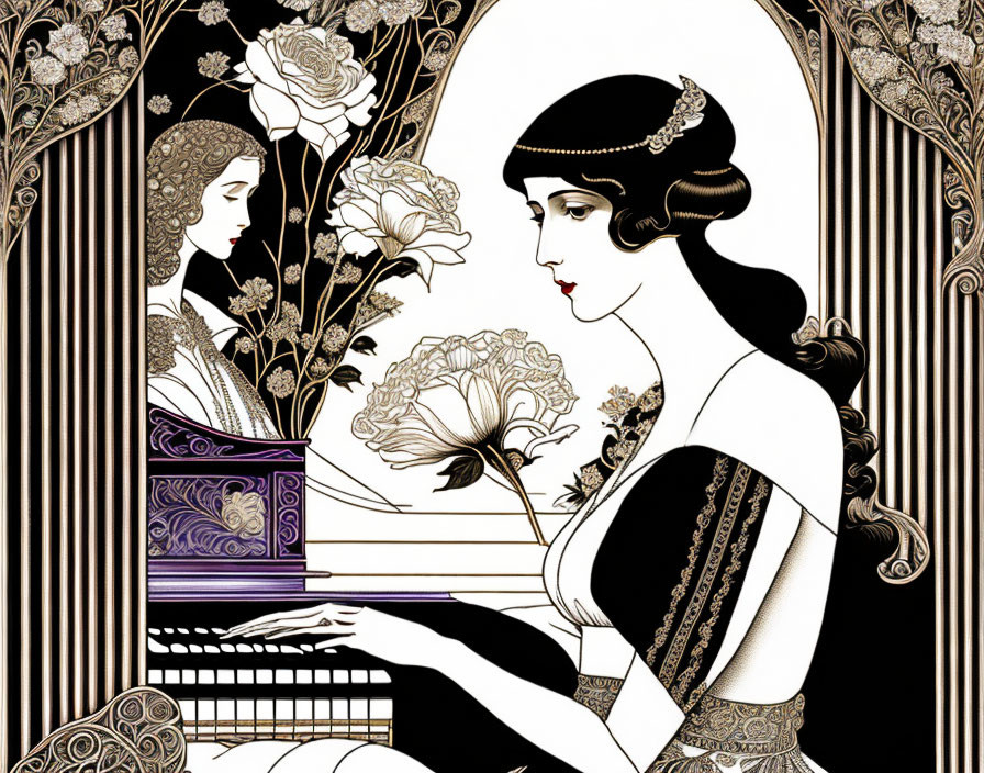 Art Deco style illustration of woman playing piano with floral and geometric designs