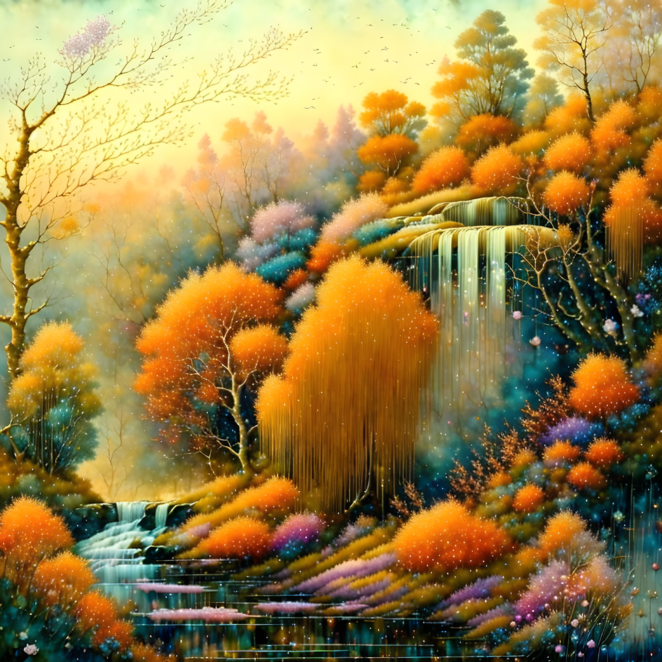 Autumn waterfall surrounded by colorful foliage in orange, purple, and yellow hues