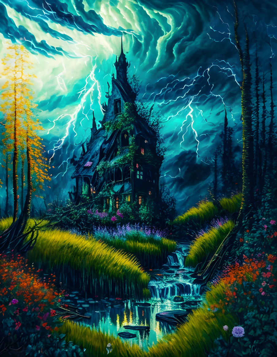 Dilapidated house under dramatic night sky with lightning in lush fantasy garden